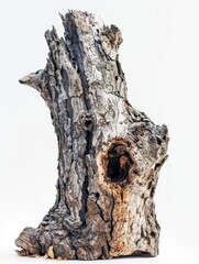 Fototapeta premium A large, old tree stump with a hollow center, surrounded by a rough bark texture, isolated on white background