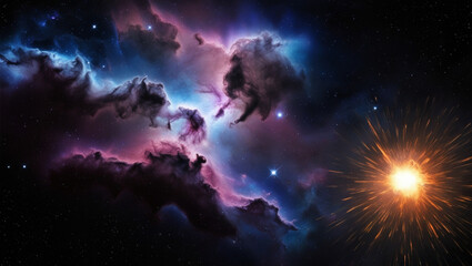 Obraz premium A vibrant, dreamy depiction of a colorful space galaxy cloud nebula, set against a dark, starry night sky,generative ai