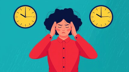 A woman is in a red shirt and is looking at a clock