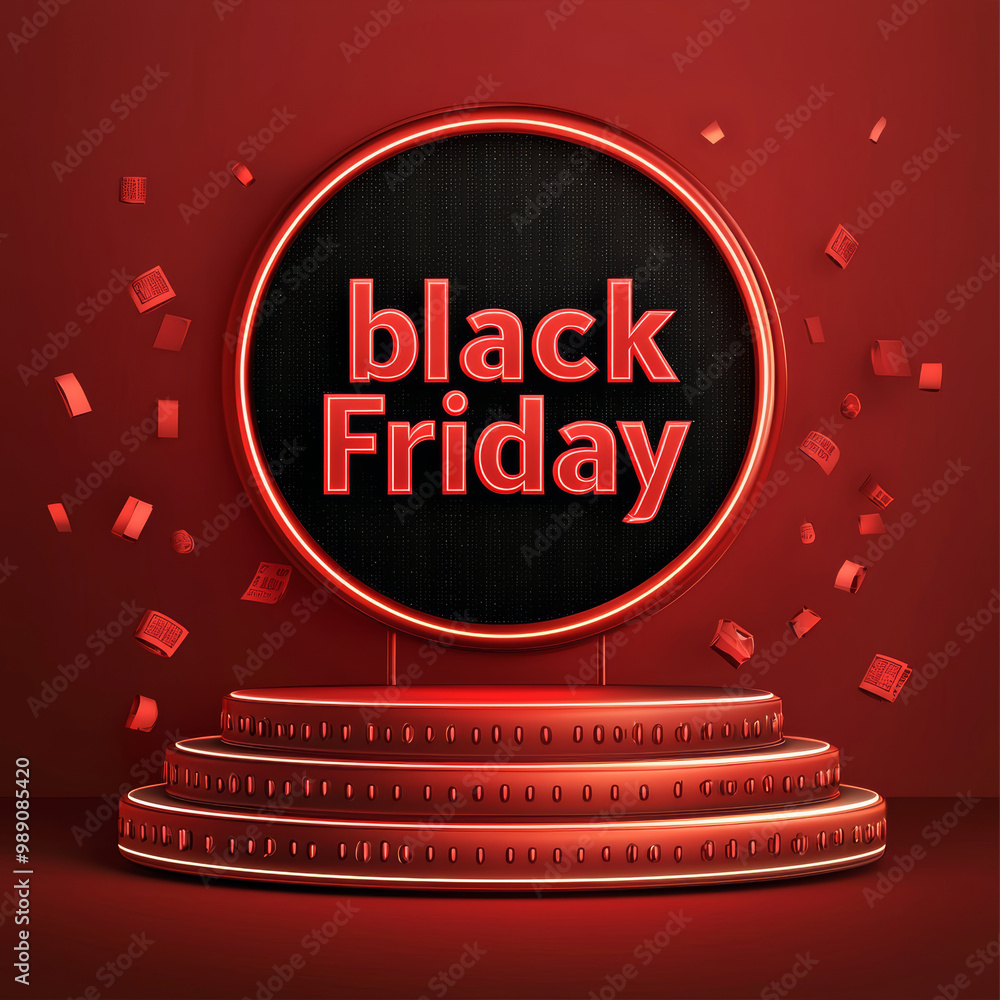 Poster black friday promotional display featuring bold red text and confetti on a dark background within a 