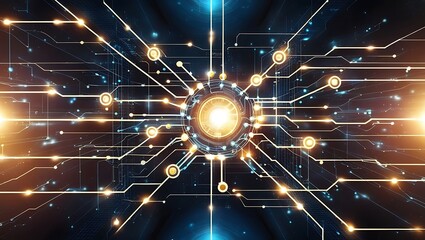 Telectronic circuit board with intricate patterns of lines, chips, and connections, representing modern technology and digital hardware in a tech-inspired design