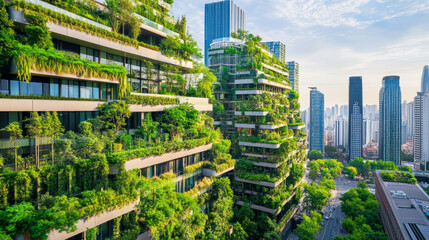 Sustainable cityscape with green buildings and clean energy technologies aligned with the SDGs