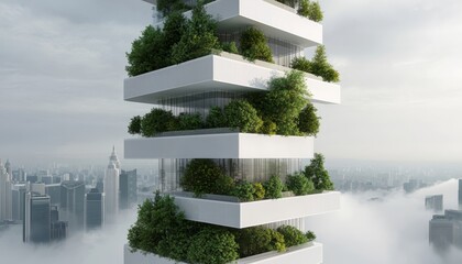 Obraz premium Eco-Friendly Urban Tower, Show a sleek, transparent building in an urban setting, with large trees growing within its structure, highlighting eco-friendly architectural practices.