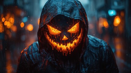 Naklejka premium Mysterious figure with glowing pumpkin mask in the rain