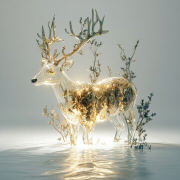 Magical glowing moose creature on grey background. Sculpture stands in water 