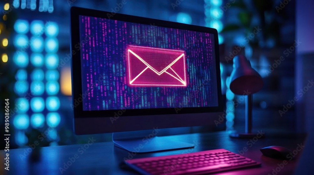 Poster a glowing envelope icon on a computer screen, symbolizing digital communication.