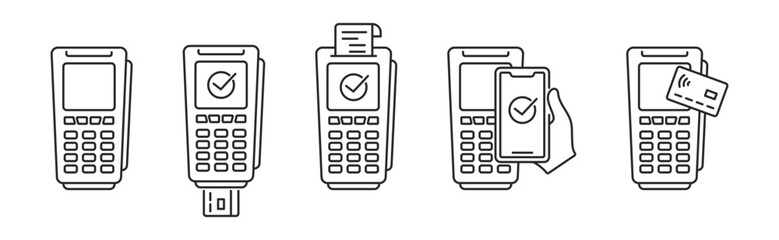 POS terminal with NFC payment icons set. Wireless pay. Pay pass, card and print check. Vector