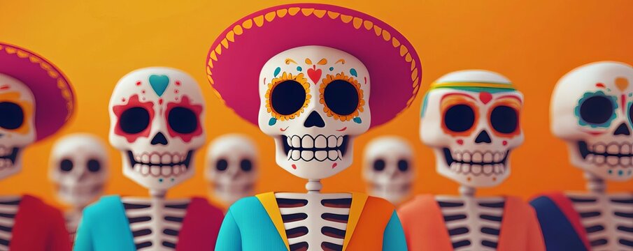 Colorful skeleton figures representing Day of the Dead.