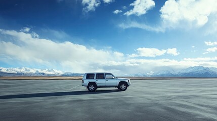 A lone SUV parked on a vast, open landscape under a dramatic sky.