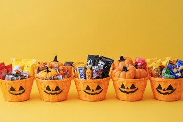 Fototapeta premium Vibrant Halloween Candy Spilled from Pumpkin Basket on Yellow Background