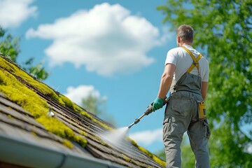 A man is cleaning the roof with a high-pressure water hose, on top of an old, shingle-and-moss-covered house roof. 