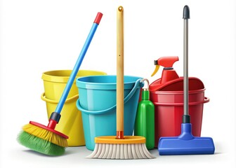 A colorful illustration of essential cleaning tools, including a mop, broom, dustpan, and bucket, arranged in a neat and organized manner on a white background.