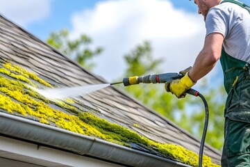 A man is cleaning the roof with a high-pressure water hose, on top of an old, shingle-and-moss-covered house roof. 