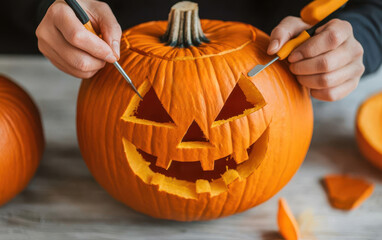 Closeup of hands decorating a jackolantern with carving tools and spooky designs, jackolantern carving, Halloween crafts