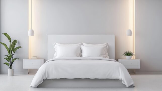 Modern bedroom makeover with symmetry in the placement of bed, side tables, and lamps, all highlighted by soft, ambient lighting.