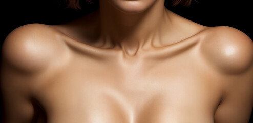 Bare expressive collarbones, shoulders and cleavage of a young woman or girl on a black background