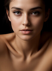 Obraz premium Portrait of nude young brunette woman or girl with beautiful expressive collarbones and shoulders on black background
