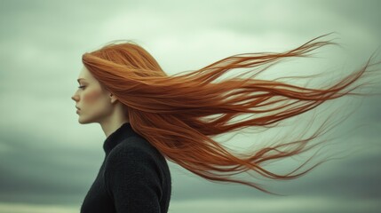 Naklejka premium Woman with Wind-Swept Long Hair Against Dark Sky
