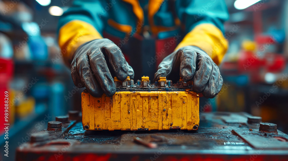 Poster close-up shot of a mechanic's hands working on an engine part, glowing with warm light, symbolizing 