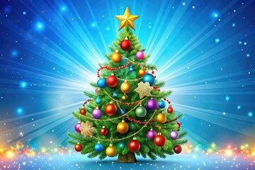 Fototapeta premium A colorful, whimsical illustration of a decorated Christmas tree adorned with ornaments, garlands, and a star on top, set against a bright blue festive background.