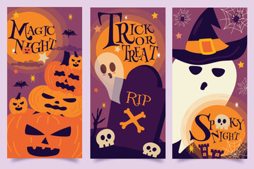 Halloween season celebration fantasy card and  banners collection With cute cartoon halloween characters  design illustration