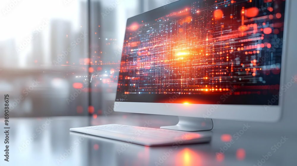 Poster computer screen with digital code and glowing lights