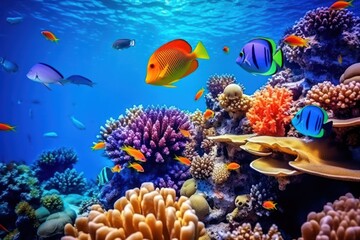 Naklejka premium Colorful tropical coral reef underwater fish sea.