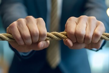 Businessman holding a rope in his hands and pulling it