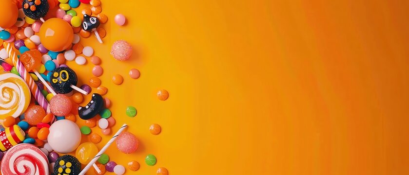 Halloween frame with candy and decor on an orange background Halloween candy frame, orange background, spooky decor