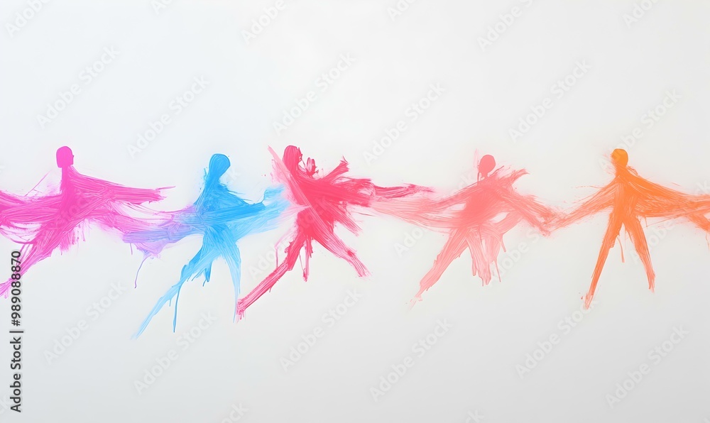 Poster whimsical line art of stick figures in soft pastel hues, playful and imaginative scene capturing dyn
