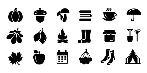 Autumn icons set. Black vector icons isolated on white background.
