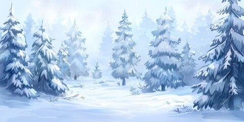 Fototapeta premium Snow-covered pine trees in a winter forest. Digital illustration for design and print. Winter and nature concept.