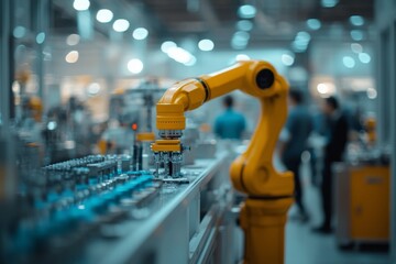 A photograph depicts a robotic arm at an industrial show, holding yellow and blue tools in the background. Generative AI