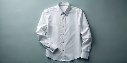 A crisp, white, long-sleeved dress shirt with a conservative collar and button-down front, lying flat on a smooth, bright surface, ready to be worn.