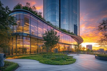 Modern Glass Building with Sunset Reflection and Landscaping