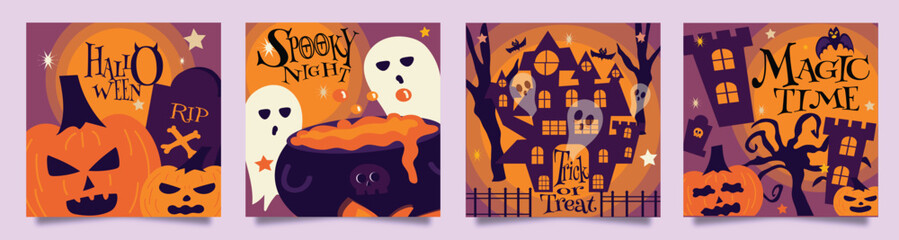 Halloween season celebration fantasy card and  banners collection With cute cartoon halloween characters  design illustration