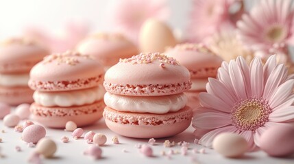 Pretty pink macarons are showcased with flowers and pastel treats