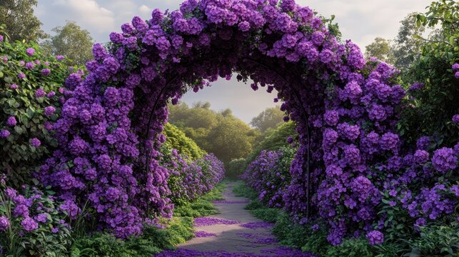 A beautiful archway of purple blossoms creates a magical garden entrance