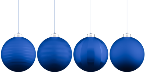 Graphics design assets: 4 differently patterned blue christmas baubles isolated on a transparent background for use in Graphic Design Projects