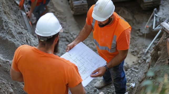 Bauarbeiter pr&uuml;fen auf der Baustelle Pl&auml;ne f&uuml;r das Fr&uuml;hlingsprojekt