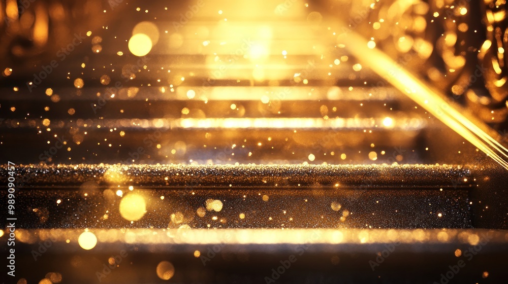 Poster a shimmering staircase illuminated by golden light and floating particles.