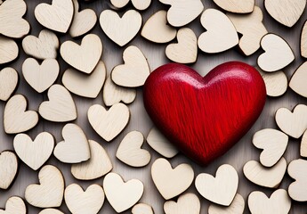 Fototapeta premium Red Heart Surrounded by Wooden Hearts