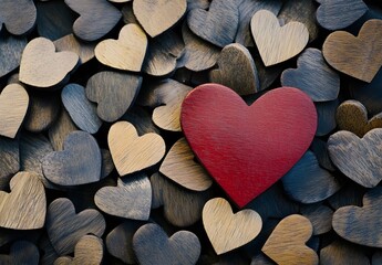 Obraz premium Red Heart Among Wooden Hearts for Valentine's