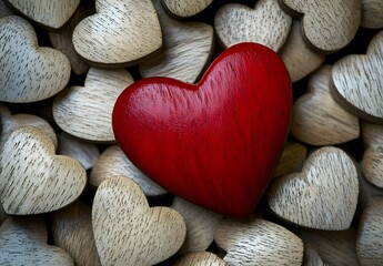 Obraz premium Red Heart Among Wooden Hearts Valentine's Day