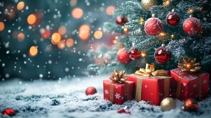 Obraz premium Decorated christmas tree bright ornaments snowcovered branches holiday gift boxes vibrant winter celebration design traditional festive atmosphere