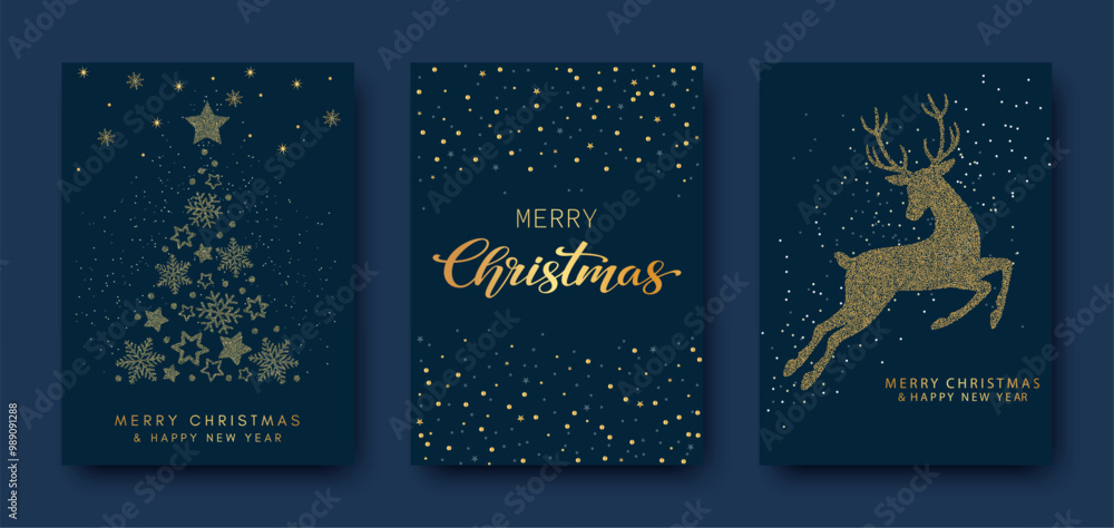 Wall mural Luxury golden greeting card with Merry Christmas and Happy New Year. Christmas tree, deer made of gold foil on dark blue background. Vector illustration for cover, print, poster, advertising design.