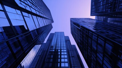 A view of modern skyscrapers reflecting a blue hue against a twilight sky.