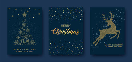 Luxury golden greeting card with Merry Christmas and Happy New Year. Christmas tree, deer made of gold foil on dark blue background. Vector illustration for cover, print, poster, advertising design. © sunshinys
