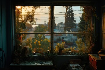 Window see cityscape plant house transportation.