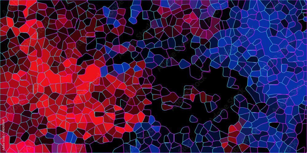 Poster abstract red and blue geometric mosaic design with white lines. voronoi diagram background. seamless